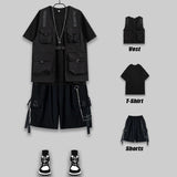 Techwear Men's Shorts Set Tank Top Men Cargo Punk Rave Vest Male Shirt Streetwear Hip Hop Hippie Men Clothing Pockets aidase-shop