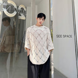 Temperament Loose Hollow Out Breathable Short Sleeve Knitted Tshirt Men's Top Sweater Fashion 2023 Round Neck aidase-shop