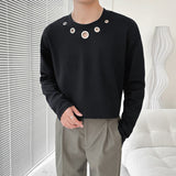 Autumn Cotton Black Long-sleeved T-shirt Men Slim Fashion Casual Hole T Shirt Men Korean Loose O-neck Pullover Tshirt Mens Top