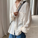 Shirts for men Apricot Handsome Lapel Men Blouse Vacation Hollow Out Sexy Fashion Men Clothing Male Mesh Long-sleeved Shirts aidase-shop