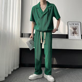 Summer 3-color Pleated Sets Men Fashion Casual Short-sleeved T-shirt/Trousers Two-piece Mens Korean Loose Ice Silk Sets Men aidase-shop