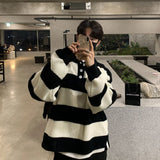 Korean Stripe Lapel Sweater Men Warm Fashion Casual Knitting Pullover Men Winter Loose Long Sleeve Sweater Mens Jumper Clothes aidase-shop