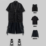 Techwear Men's Shorts Set Tank Top Men Cargo Punk Rave Vest Male Shirt Streetwear Hip Hop Hippie Men Clothing Pockets aidase-shop