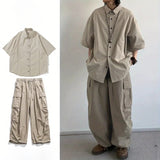 Summer Loose Set Men Women Solid Color Breathable Quick-drying Shirt+Vintage Multi-pocket Cargo Pants Couple Two-piece Unisex aidase-shop