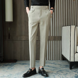 Aidase   2022 Brand Clothing Men Spring Stylecasual Nine Cent Trousers/Male Slim Fit High-Grade Pure Cotton Stripe Suit Pants Black Beige aidase-shop