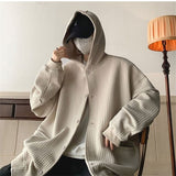 Autumn Japanese Jacket Simple Waffle Basic Solid Color Hooded Cardigan Unisex Loose Cityboy Urban Style Sweatshirt Coat aidase-shop