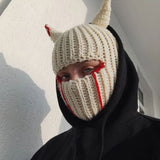 Aidase  Halloween Funny Horns Knitted Hat Beanies Warm Full Face Cover Ski Mask Hat Windproof Balaclava Hat for Outdoor Sport