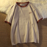 Japanese Vintage Shirt Fake Two-piece Short-sleeved T-shirt Women's Summer Loose Korean Trend Harajuku Bf Letter Embroidery Top aidase-shop
