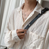 Shirts for men Apricot Handsome Lapel Men Blouse Vacation Hollow Out Sexy Fashion Men Clothing Male Mesh Long-sleeved Shirts aidase-shop