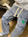 Techwear Cargo Jeans Men's Straight Trend American High Street Big Pocket Denim Pants Hong Kong Style Wide-leg Trousers aidase-shop