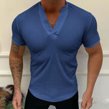 Summer Fashion T-Shirt Solid V-Neck Pullover Tops Men's Casual Short Sleeve Threaded Breathable Slim Tee Men Streetwear aidase-shop