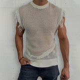 Men Summer Sleeveless O Neck Basic Pullover Tee For Man Clothing Casual Tassel Solid Shirt Hollow Knit Vest Top Streetwear aidase-shop