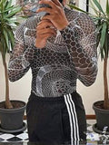 Spring Men Sexy See Through Slim Tops Vintage Pattern Print Long Sleeve Turtleneck Pullover Mens Fashion T-shirt Streetwear aidase-shop