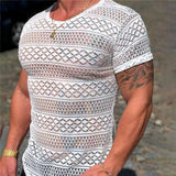 Aidase T Shirt Men Lace Hollow Out Short Sleeve Shirts Summer Mens Clothing Best Seller Men's Casual Round Neck Slim Fit Tshirt Tops aidase-shop
