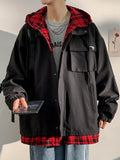 Plaid Fake Two Workwear Jacket Men Cargo Streetwear Large Yard Preppy Top Japanese Unisex Handsome Casual Hooded Coat aidase-shop