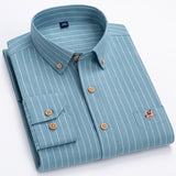 Fashion Men's Long Sleeve Casual 100% Cotton Striped Oxford Shirt with Embroidered Chest Pocket Standard-fit Button-down Shirts aidase-shop