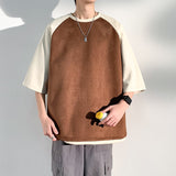 Summer New Baggy Short Sleeved Suede Men's T-shirt  Versatile Color Matching Casual Tshirt Tops Male Trend Y2k Tees aidase-shop