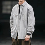 Plus Large Size Men's Stripe Long Sleeve Shirts Autumn Korean Shirt Two Pocket Design Fashion Cargo Shirts Male Dress Shirts aidase-shop