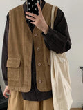 Japan Cargo Corduroy Vest Men and Women Hong Kong Style Vintage Pocket Loose Sleeveless Jacket Unisex Safari Waistcoat aidase-shop