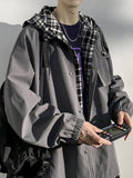 Plaid Fake Two Workwear Jacket Men Cargo Streetwear Large Yard Preppy Top Japanese Unisex Handsome Casual Hooded Coat aidase-shop