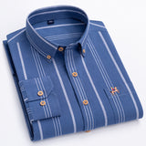 Fashion Men's Long Sleeve Casual 100% Cotton Striped Oxford Shirt with Embroidered Chest Pocket Standard-fit Button-down Shirts aidase-shop