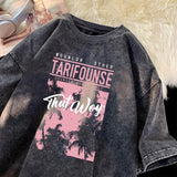 American Ins Trend Print Short Sleeve Womens Heavy Washed 280g Cotton T-shirt Loose Vintage Oversized Casual Tops Female Y2k Tee aidase-shop