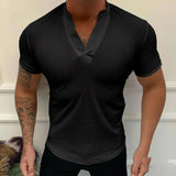 Summer Fashion T-Shirt Solid V-Neck Pullover Tops Men's Casual Short Sleeve Threaded Breathable Slim Tee Men Streetwear aidase-shop