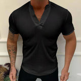 Aidase  Summer Fashion T-Shirt Solid V-Neck Pullover Tops Men's Casual Short Sleeve Threaded Breathable Slim Tee Men Streetwear aidase-shop