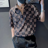 Aidase 2022 Summer Brand Plaid Shirts Men Half Sleeve Loose Pullover Fashion V Neck Business Casual Shirt Social Party Tuxedo Blouse aidase-shop