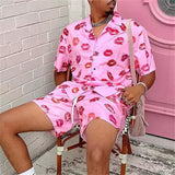 Vintage Geometric Printed Loose Suits Men Summer Short Sleeve Lapel Shirts And Shorts Two Piece Sets Mens Clothes Leisure aidase-shop
