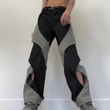 Y2k Techwear Casual Pants Men Hollow Out Baggy Patchwear Trousers Male Streetwear Low Rise Sweatpants Korean Hip Hop