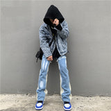 High Street New Wash Speckled Ink Spliced Jeans, Personalized Straight Loose Micro Flared Long Jeans aidase-shop
