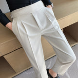 Aidase  British Style Men High Waist Casual Dress Pant Men Belt Design Slim Trousers Formal Office Social Wedding Party Dress Suit Pants aidase-shop