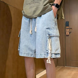 Oversize Workwear Denim Shorts Men's Summer Trendy Big Pocket Quarter Trousers American Retro Short Denim Pants aidase-shop