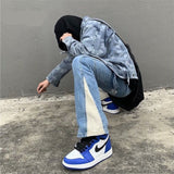 High Street New Wash Speckled Ink Spliced Jeans, Personalized Straight Loose Micro Flared Long Jeans aidase-shop