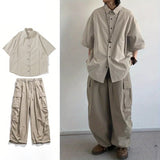 Summer Loose Set Men Women Solid Color Breathable Quick-drying Shirt+Vintage Multi-pocket Cargo Pants Couple Two-piece Unisex