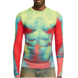 Men's New Tight Long-sleeved Sexy Top Streetwear Men's Stripe-Print O-Neck  Stretch T-shirt for Boys Graphic T Shirts aidase-shop