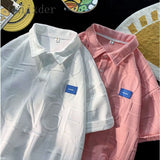 Summer Solid Lapel Shirt Me Women's Hip Hop Letter Embossing T-shirt Hong Kong Style Short Sleeve Shirt Unisex Cityboy Urban Top aidase-shop