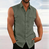Leisure Men's Cotton Linen Tank Tops Spring Summer Casual Solid Color Buttoned Lapel Sleeveless Vest Shirt Fashion Camisole aidase-shop