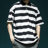 Trend Color Matching Stripe Polo Shirt T-shirt Man Summer New Half Sleeve Loose Button Streetwear Fashion All-match Youth Top aidase-shop