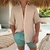 Casual Loose Solid Color Pleated Cotton Linen Shirt Men Leisure Loose Short Sleeve Lapel Buttoned Tops Summer Men's Clothes aidase-shop