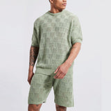 Leisure Men's Knit Clothing Solid Hollow Out Casual Two Piece Suits Spring Summer Men Fashion O Neck T Shirt And Short Sets aidase-shop