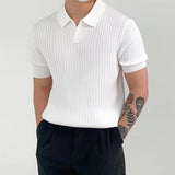 Fashion Knit Solid Color Men's Polo Shirt Slim Short Sleeve Turn-down Collar Ribbed Polo Tee Summer Men Clothes Casual Tops aidase-shop