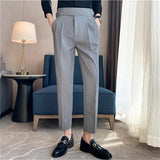 Aidase  British Style Men High Waist Casual Dress Pant Men Belt Design Slim Trousers Formal Office Social Wedding Party Dress Suit Pants aidase-shop