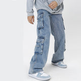 New Cargo Jeans Men's Baggy Straight American Hip Hop Denim Wide Leg Blue Pants Man Street Y2k Large Pocket Work Trousers aidase-shop