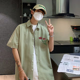 Summer New Flowers Print Short Sleeve Mens Shirts Korean Trendy Turn Down Collar Baggy Casual Shirt Male Streetwear Tops aidase-shop