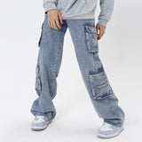 New Cargo Jeans Men's Baggy Straight American Hip Hop Denim Wide Leg Blue Pants Man Street Y2k Large Pocket Work Trousers aidase-shop