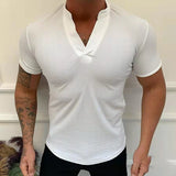 Aidase  Summer Fashion T-Shirt Solid V-Neck Pullover Tops Men's Casual Short Sleeve Threaded Breathable Slim Tee Men Streetwear aidase-shop