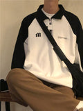 Autumn Lapel Long-sleeved Sweatshirt Men Loose American Retro Preppy Half Zip Top Goth Letter Black White Contrast Top aidase-shop