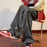 Vintage Distressed Jeans Side Button Pants Men Black Denim Trousers Male Autumn Loose Casual Japanese Streetwear Hip Hop
